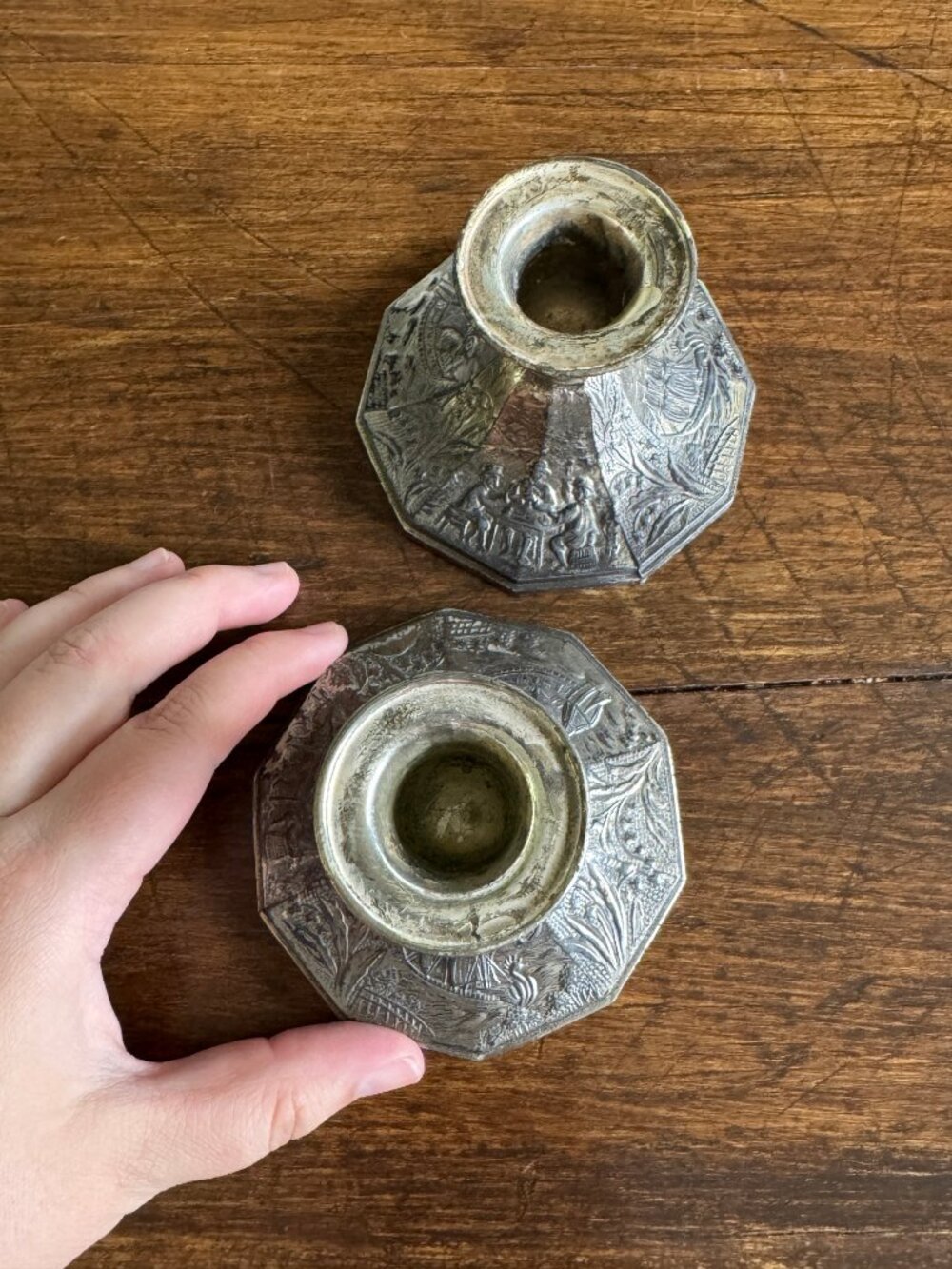 Pair of Etched Silver-Tone Repousse Candle Holders - Picture 6 of 14